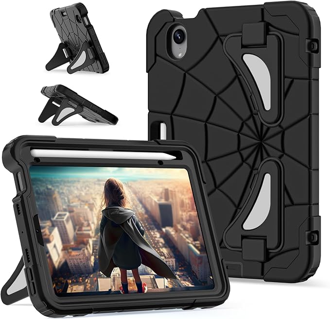 Kids Case for iPad mini 7 A17 Pro 2024/ Mini 6 8.3 inch Spider Case for iPad mini 7th 6th Generation Shockproof Durable Full Protective Cover with Pencil Holder Kickstand (Black+Black)