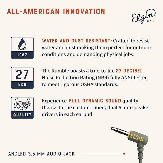 Elgin Rumble Wired Earplug Headphones with mic in-Ear Earbuds 3.5mm Jack 27 dB NRR IP67 Waterproof OSHA CompliantEarbuds Noise Isolating Hearing Protection Work Safety