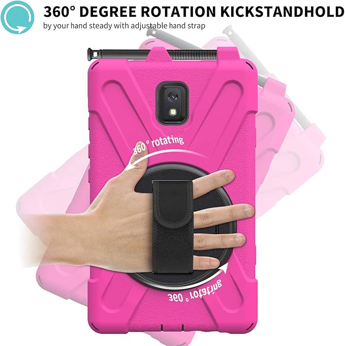 Case for Samsung Galaxy Tab Active 3 8 T570 T575 T577 Heavy Duty Shockproof Rugged 3 Layer Kids Durable Case with 360 Swivel Kickstand Shoulder Strap &amp Hand Strap (Rose Red)