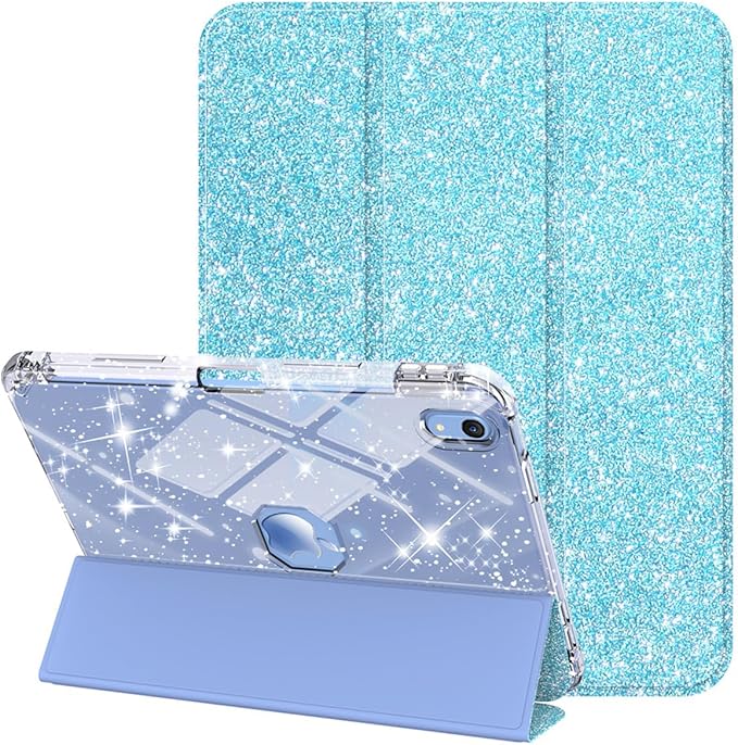 Case for iPad (A16) 11th Generation 11 inch 2025 &amp iPad 10th Generation 10.9 inch 2022 with Stand/Pencil Holder [Auto Wake/Sleep] Glitter Bling PU Leather &amp Clear Soft TPU Back Shell Blue