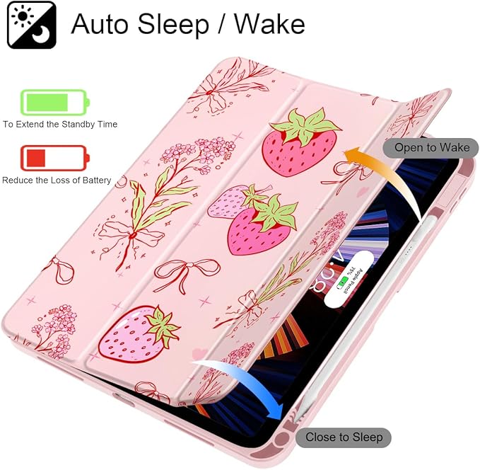 May Chen for iPad Air 11-inch M4/M3/M2 (2026/2025/2024) iPad Air 5th/4th 10.9 Inch - Shockproof Cover with Clear Back Shell &amp Penceil Holder Auto Wake/Sleep Stand Cover Strawberry Bow
