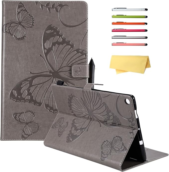 Kindle Fire HD 10 Tablet 2019/2017 Case 9th/7th Generation 10.1 with Pencil Holder Pockets [Auto Sleep/Wake] Folio Stand Embossed PU Leather Magnetic Smart Wallet TPU Cover Gray Butterfly