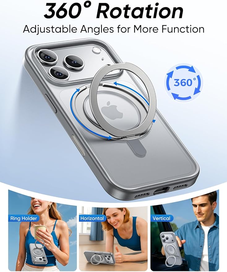 MAGIC JOHN 360° Rotatable Magnetic Invisible Stand for iPhone 17 Pro Case [Camera Control Button] [Compatible with MagSafe] 16FT Shockproof for iPhone 17 Pro Case with Kickstand Gray