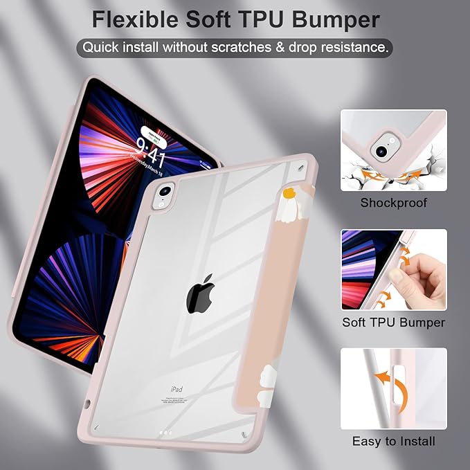 Batianda Hybrid Case for iPad Air 2022 (5th Generation M1 Chip) / iPad Air 4th 2020 10.9 inch [Built-in Pencil Holder] Shockproof Cover with Clear Transparent Back Shell TPU BumperSpring