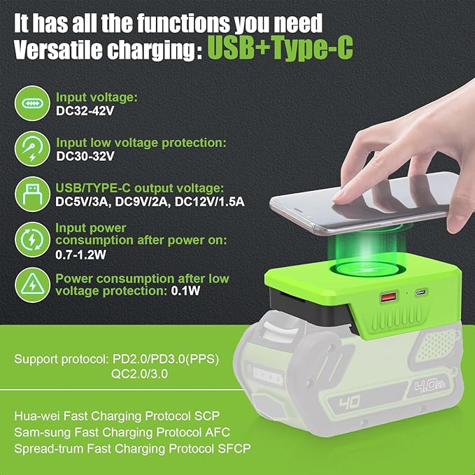 Wireless Charger for Greenworks 40V G-MAX Battery 29472 2946215W Max Wireless Charging Adapter with USB &amp Type C PortsTool Battery Phone Charger for Camping Workshop Outdoor