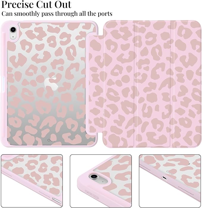 Cute Case for iPad (A16) 11th Gen 2025 11/10th Gen 2022 10.9 Dusty Pink Leopard Print Clear Hard Back Hybrid Casewith Pencil Holder Trifold Stand Slim Tablet Cover for Women