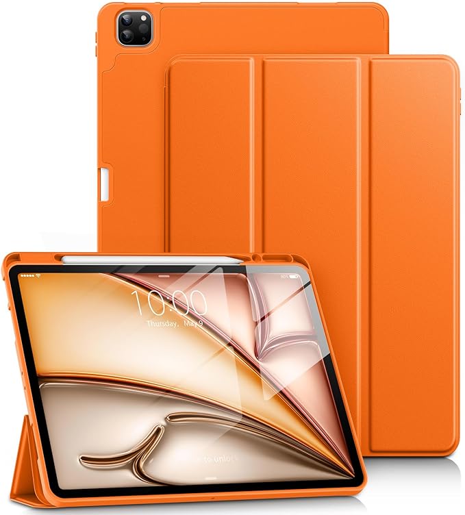 DTTO for iPad Air 13 Inch Case M4/M3/M2 2026/2025/2024 iPad Pro 12.9 Inch Case (6th/5th/4th/3rd Gen) Smart Slim Trifold Stand Soft Cover with Pencil Holder Orange