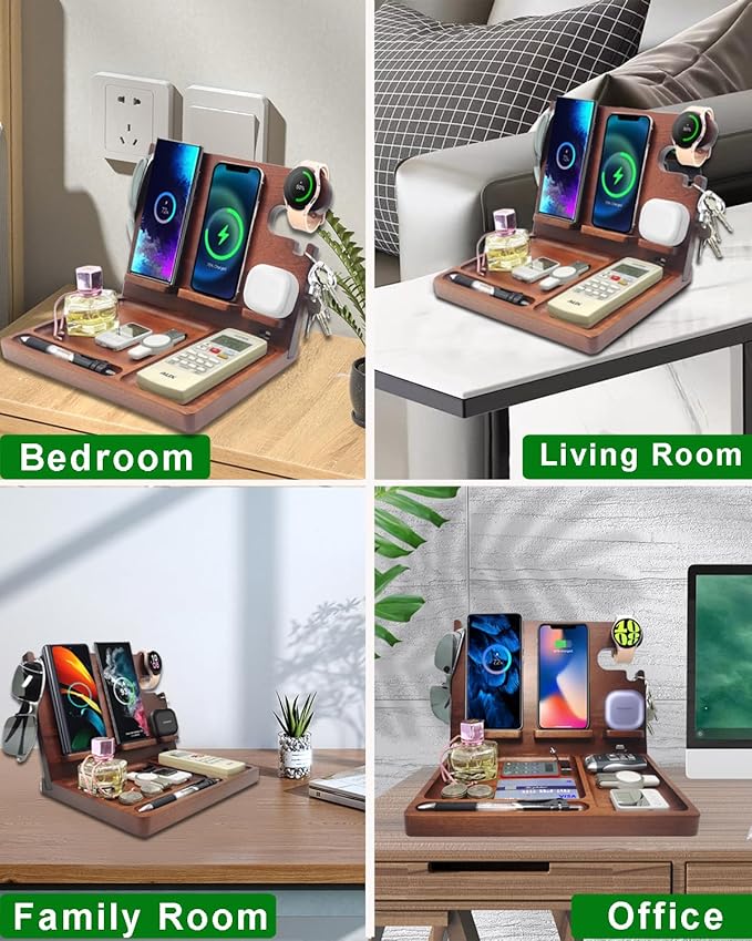 Wireless Charging Station for Samsung 2 Phones Galaxy Watch 7/6/5/4/3/2 Galaxy Buds Wood Phone Docking Station for men Android Charging Station Nightstand Organizer Phone Holder for Desk Gifts for Men