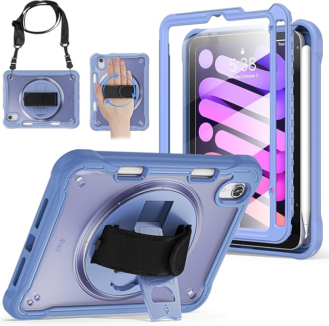 BRAECNstock Case for iPad mini 7 (A17 pro) 2024 &amp Mini 6 2021 8.3-inchShockproof Protective Cover with Pencil HolderScreen Protector360° Rotating Hand Strap/Stand- Lavender Grey