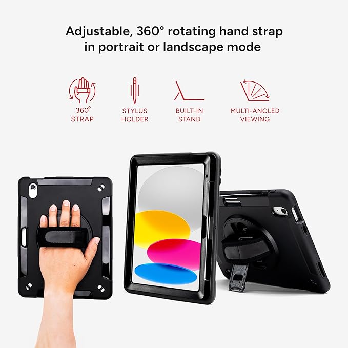 ZAGG Rugged Tablet Case for iPad 11 (A16)/ 10.9-inch (Gen. 10) - Protective 360° Rotating Hand Strap Integrated Kickstand Drop-Proof Ideal for Business Warehouse and Field Use Black