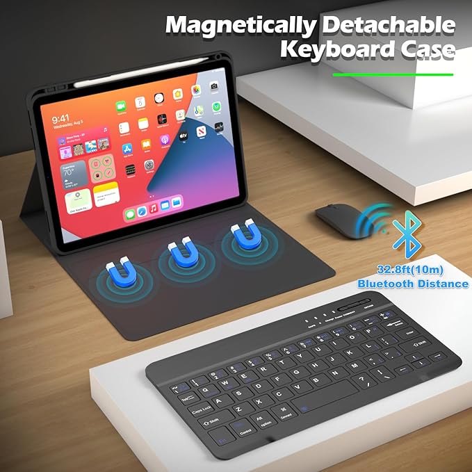 Keyboard Case for iPad mini A17 Pro 7th Generation 2024 / mini 6th Generation 2021 Mouse and Detachable Keyboard Adjustable Stand Built in Pencil Holder Auto-Sleep/Wake Feature Black