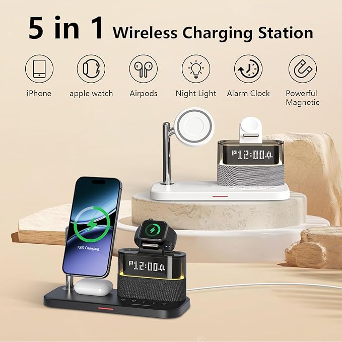 Charging Station with ClockMagnetic Wireless Charger for iPhone17 16 15 14 13 Pro Max Airpods Apple Watch Samsung PhoneBedside Docking Station with LightTech Gadgets Gifts for Men Women