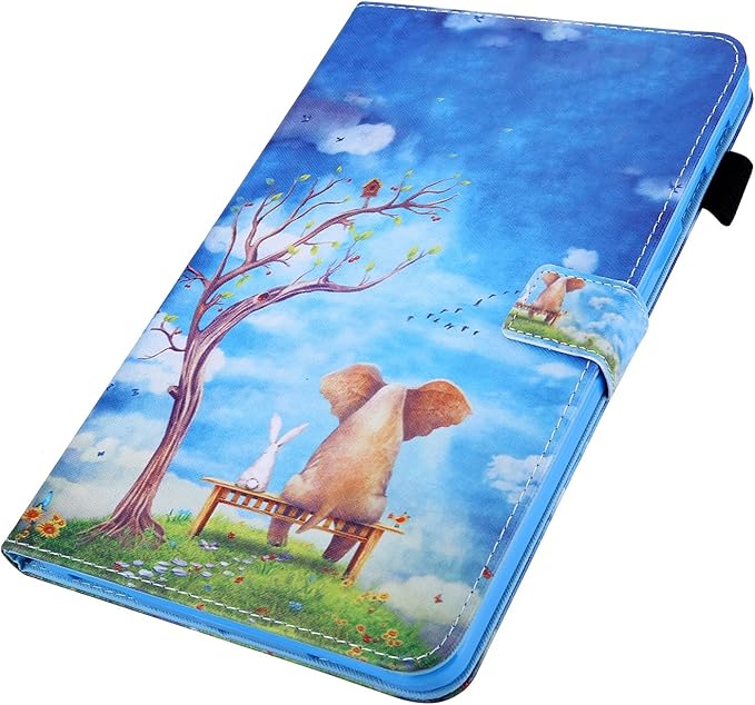 All-New 7 Amazon Kindle Fire 7 Tablet Case (9th/7th/5th Generation 2019/2017/2015) Smart Stand PU Leather Magnetic Cover with Card Pocket Pencil Holder [Auto Sleep/Wake] Elephant Rabbit