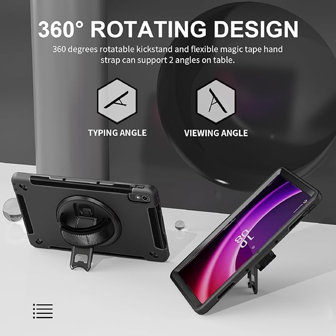 Junfire Protective Case for Lenovo Tab P11 2nd Gen 11.5-inch 2023 Shockproof Rugged Lenovo P11 Gen2 Case TB350FU/TB350XU with 360°Rotating Kickstand/Hand Strap/Shoulder Strap-Black
