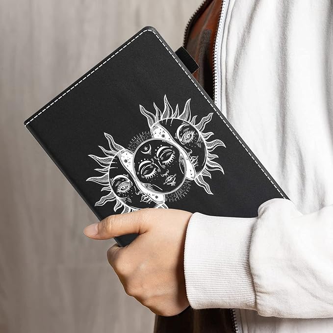 Case for All-New Kindle Fire 7 Tablet (7 12th Generation 2022 Release) Moon and Sun with Many Fractal Faces Celestial Energy Mystic Art PU Leather Folio Case with Smart Auto Wake/Sleep