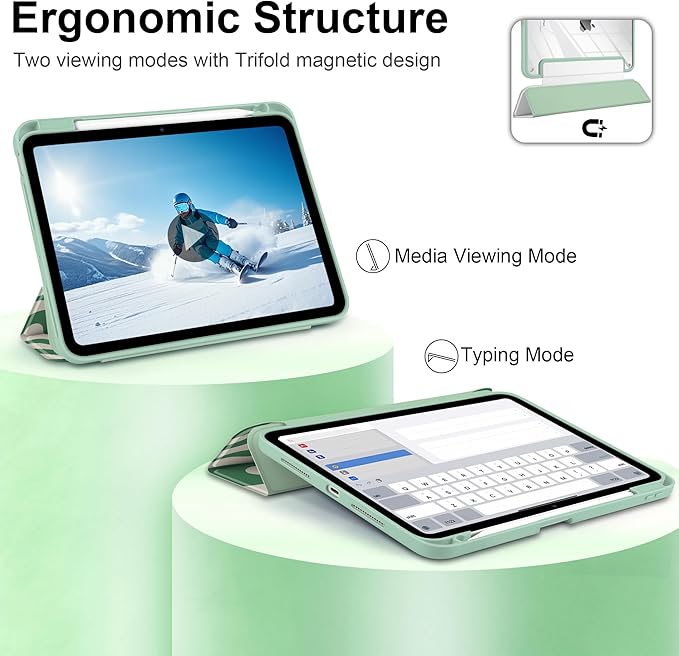 TWOLSKOO Case for iPad Pro 11-inch (M5 2025 / M4 2024) Clear Acrylic Back with TPU Bumper Pencil Holder Trifold Stand Auto Sleep/Wake Green Waves