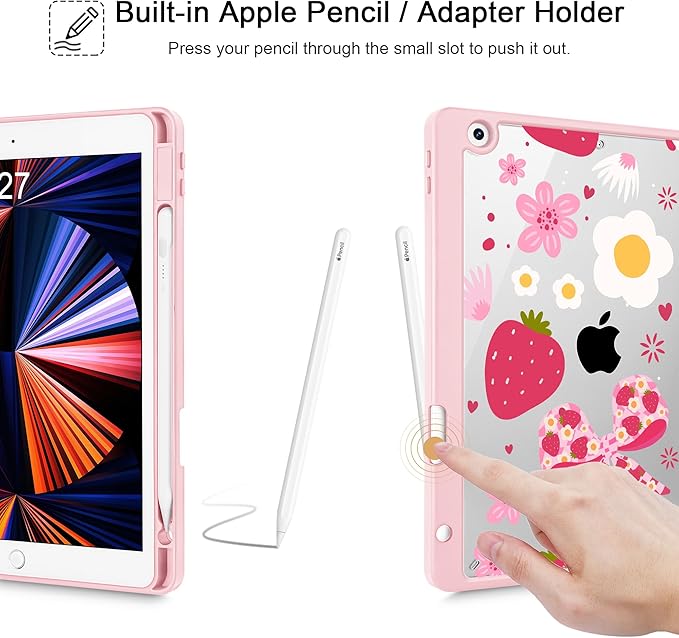 for iPad 9th Generation with Pencil Holder iPad 8th/7th Gen Case 10.2-inch [Built in Pencil Holder] Trifold Stand Auto Wake/Sleep Clear TPU Protection Back Cover Strawberry Bow