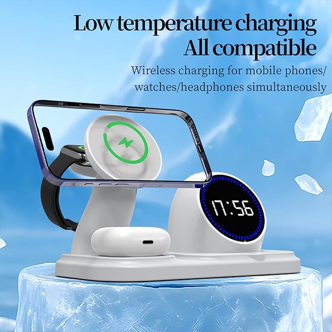 6 in 1 Wireless Charger for Apple Devicewith Clock &amp 5 Color Ambient Light Comes with SpeakersNightstand Charger Station for iPhone 17/16/15/14/13/12/iWatch Series/AirPods (White)