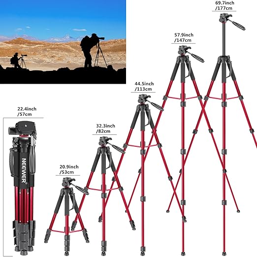 NEEWER Portable Aluminum Alloy Camera 2 in 1 Tripod Monopod Max. 70/177cm with 3 Way Swivel Pan Head and Carrying Bag for DSLR DV Video Camcorder (SAB264 Red)