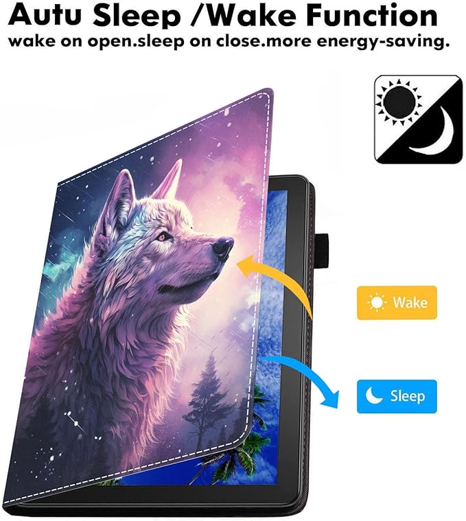 Case for Amazon Kindle Fire 7 Tablet (7 9th/7th Generation 2019/2017 Release) Slim PU Leather Cover with Card Slot &amp Auto Wake/Sleep Wolf