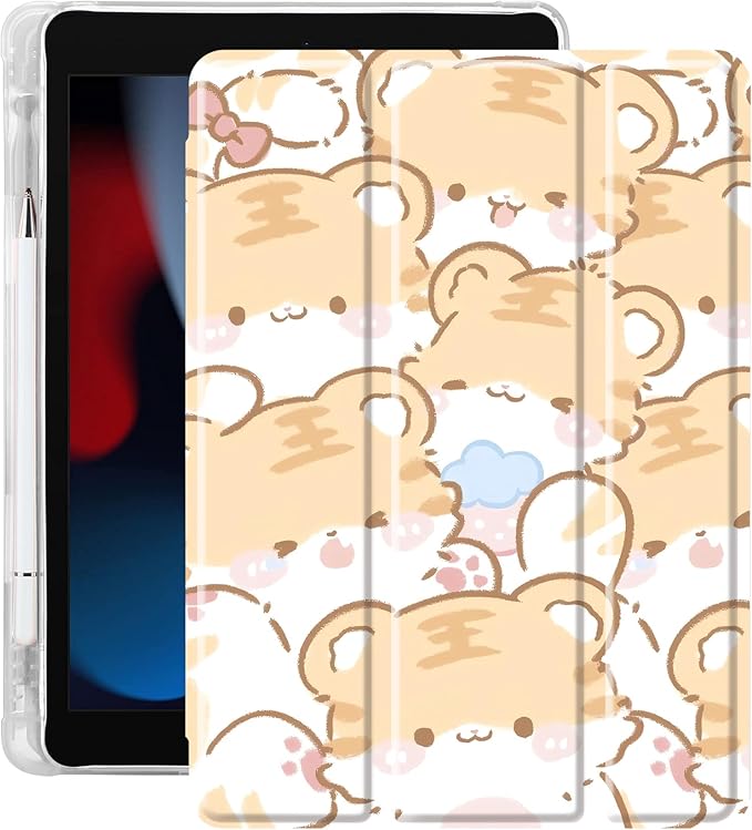Idocolors Cute Kawaii Tiger Pad Case for 10.5 Inch iPad Pro(2017)/iPad Air 3 Clear TPU Trifold Stand Back Cover with Pencil Holder Auto Wake/Sleep Foldable Shockproof Protective Case