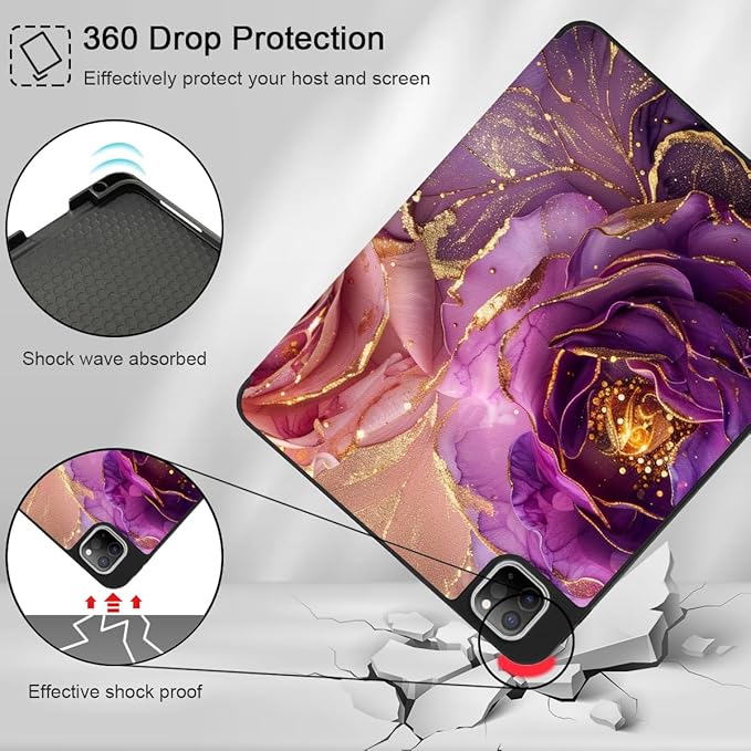 Mektron for iPad Pro M2 11-inch 4th/ 3rd/ 2nd/ 1st Gen Case 2022 2021 2020 2018 with Pencil Holder Tablet Cover with Soft TPU Back Cover for 11 inch iPad Pro Marble Flowers