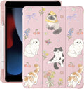Cue Kawaii Kitten Cat Flower for iPad 5th/6th Generation Case with Pencil Holder Auto Sleep/Wake Pink Leather Soft TPU Back Cover for iPad 9.7 Inch