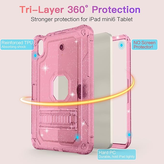 Case for iPad mini A17 Pro for iPad mini 7th/6th Generation Case 8.3 inch 2024/2021 with Pencil Holder/Stand Slim Cover for i Pad Mini 7/6 (Clear Glitter Pink)
