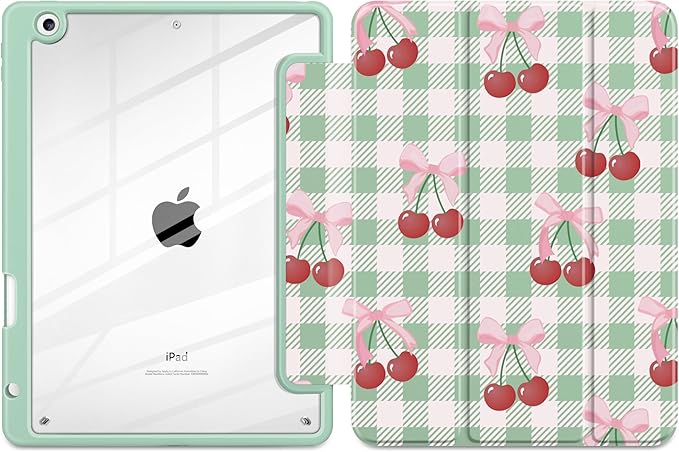 DONGKE for iPad 9th/8th/7th Generation Case 10.2 Inch (2021/2020/2019) [Auto Sleep/Wake &amp Pencil Holder] Clear Acrylic Back Trifold Stand Cover Green Cherry
