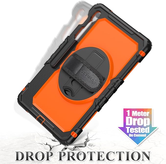 SEYMAC stock Case for Samsung Galaxy Tab S10 FE+ Plus 5G Tablet Case 13.1'' Protective with Screen Protector Pen Holder 360 Rotate Stand Hand Strap Shoulder Strap BlackOrange