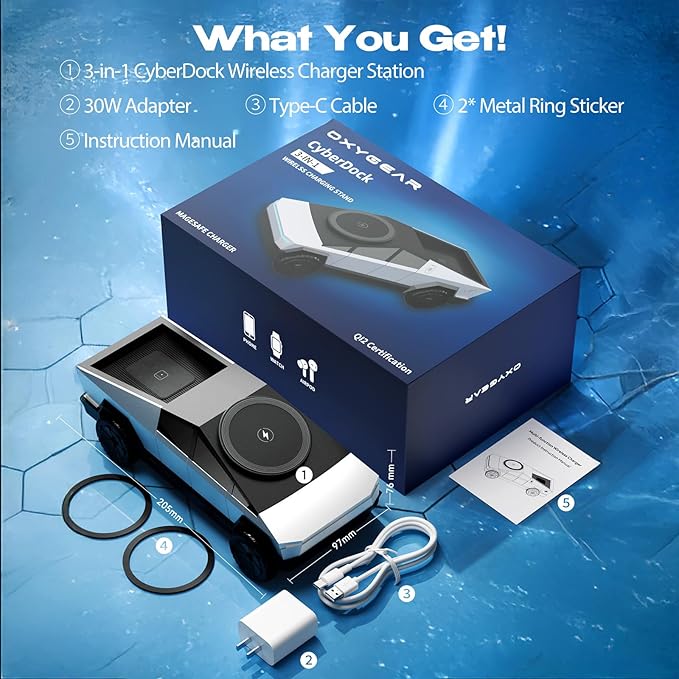 CyberDock 3-in-1 Wireless Charging Station Cybertruck 1:25 Scale Charger with Qi2 Certified 15W Charging for iPhone iWatch AirPods Magnetic Rotating Charger with Ambient Light 30W Adapter Sliver
