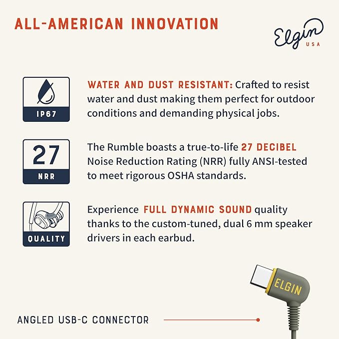 Elgin Rumble Wired Earplug Headphones 27 dB NRR Waterproof Hearing Protection Earbuds w/Noise-Isolating Mic &amp in-Line Controller OSHA Compliant ANSI Certified Kevlar Reinforced Cable IP67 US