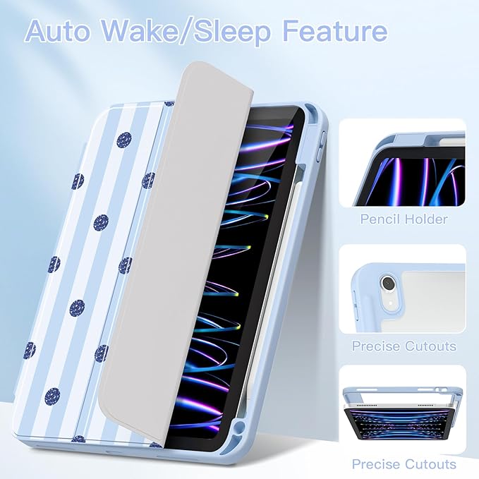 Teryeefi for iPad A16 Case 11 Inch 2025 Release for iPad 10th Generation 10.9 Inch 2022 Protective Shell with Pencil Holder Soft TPU+Crystal Hard Back Cover (Cute Blue Stripes)