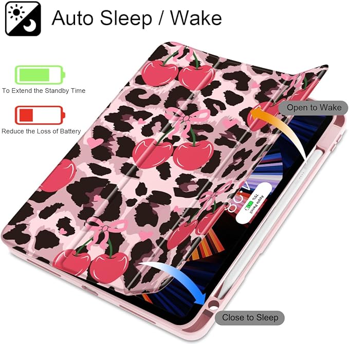 Mektron Case for iPad Pro 11 inch Case M2 2022 Generation 4th Fit 2021 2020 2018 iPad Pro 11 (3rd 2nd &amp 1st Gen) -Buit in Pencil Holder with Shockproof Cover Clear Shell Cherry &amp Cheetah