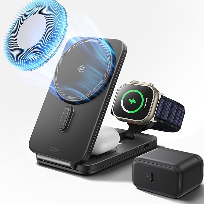 ESR 3 in 1 Charging Station for Apple Qi2.2 25W MagSafe Charger with CryoBoost Phone-Cooling Wireless Charging Station Foldable for iPhone 17/16 with iOS 26(50W Adapter) AirPods Apple WatchBlack