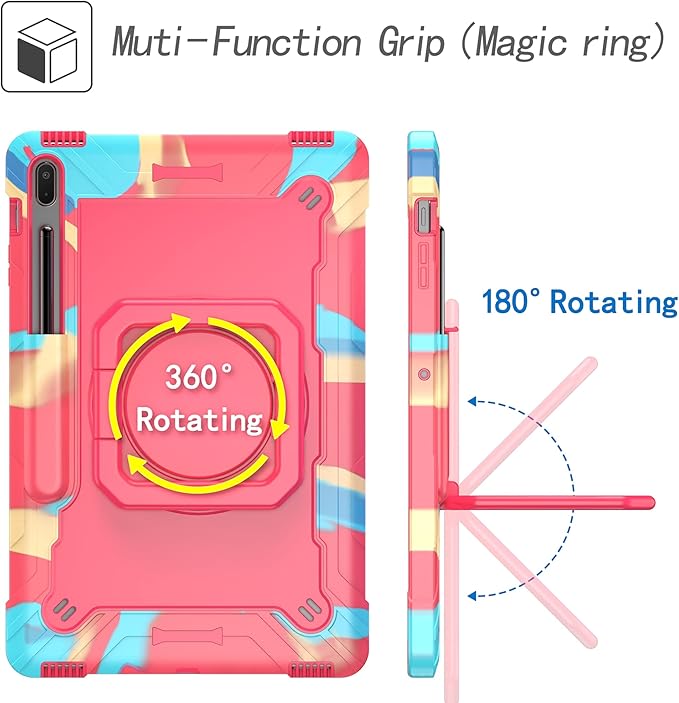 Stand Case for Samsung Galaxy Tab S8 Plus 2022/Tab S7 FE 5G 2021/Tab S7 Plus 2020 12.4 inch 360 Degree Rotating Kickstandwith Hand/Shoulder Strap Rugged Shockproof Cover Rainbow &amp Rose Red