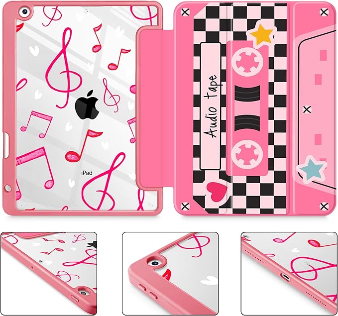 for iPad 9th Generation with Pencil Holder iPad 8th/7th Gen Case 10.2-inch [Built in Pencil Holder] Trifold Stand Auto Wake/Sleep Clear TPU Protection Back Cover Cassette Tape