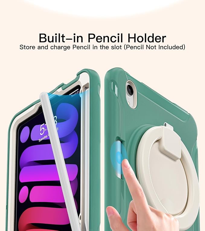 BATYUE Shockproof Case for iPad mini 7 (A17 Pro)/ Mini 6 8.3 inch (2024/2021) - 360° Multi-Angle Stand (Portrait &amp Landscape) &amp Grip Built-in Pencil Holder Jade Green