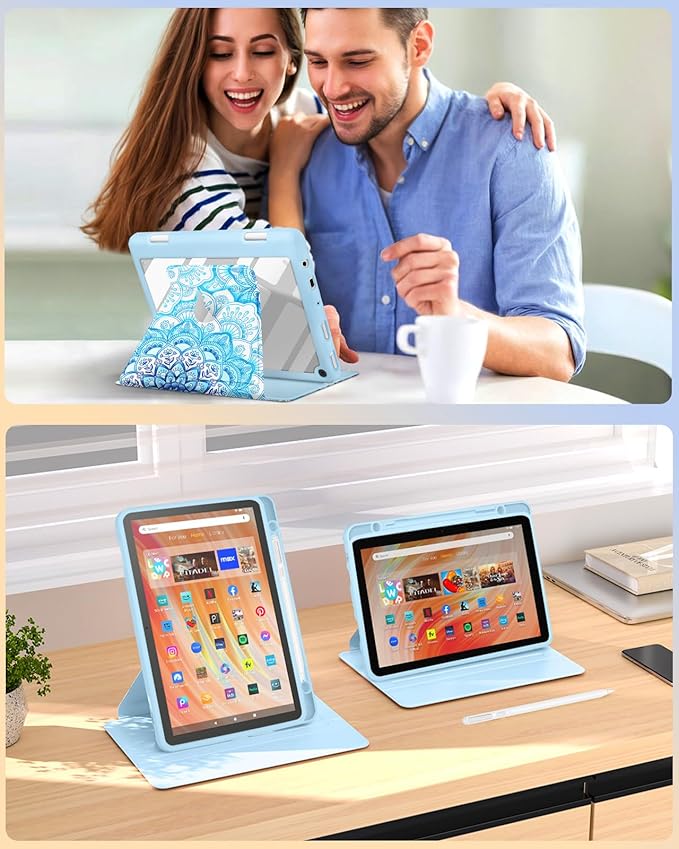 Kidcube for Kindle Fire HD 10/10 Plus Tablet Case - 13th/11th Generation (2023/2021) 10.1 Women Girls Cute Girly Design Unique Rotating Stand Pencil Holder Folio Cases for Amazon Fire HD 10/10 Plus