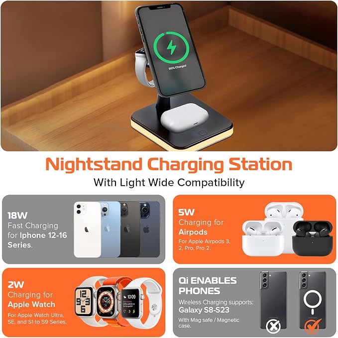 Spracht Flex Charge 4 4-in-1 Wireless Charging Stand | 25W Fast Charger Magnetic Connection -Works for Smartphone Watch Ear Buds Qi-Enabled Devices | Nightlight Magnetic Charging Stand (Black)