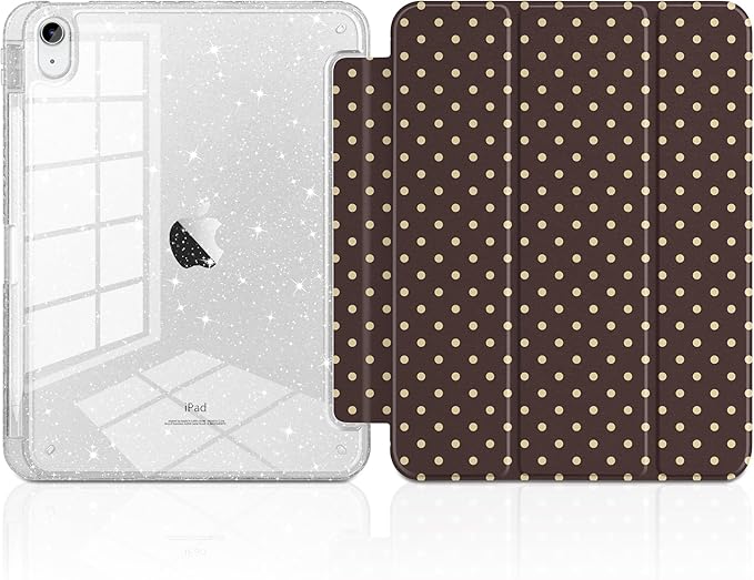 DONGKE for iPad Case 9th/8th/7th Generation 10.2 Inch (2021/2020/2019) Shockproof Glitter Acrylic Back with Trifold Stand Pencil Holder &amp Auto Sleep/Wake - Brown Polka Dot