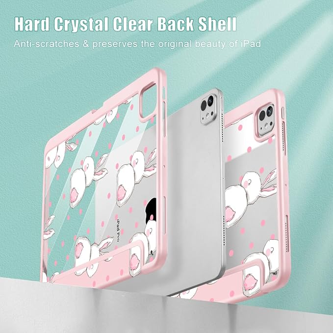May Chen Case for iPad Pro 11-Inch M5/M4 2025/2024 (6th/5th Generation) [Penceil Holder] Trifold Stand Auto Wake/Sleep Clear TPU Protection Back Cover Cute Rabbit