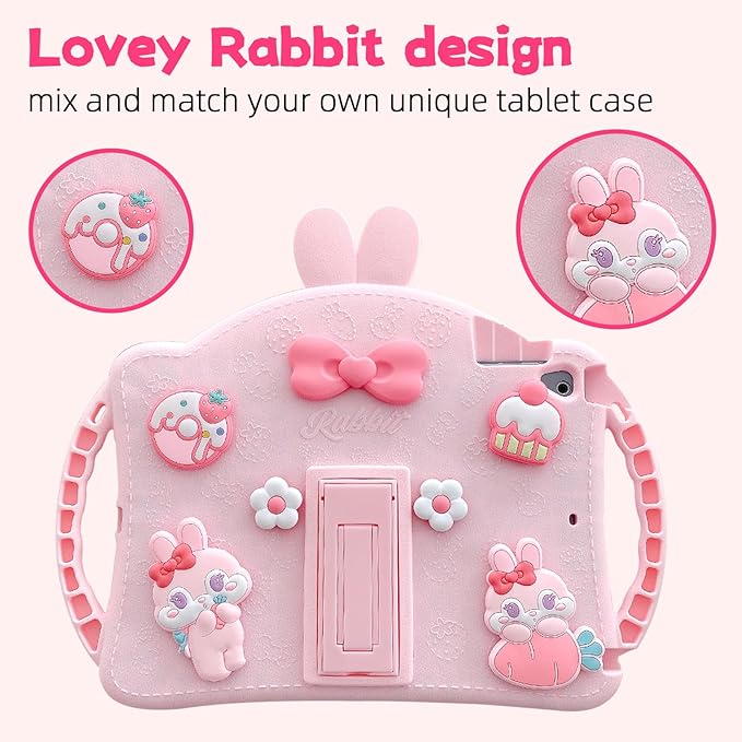 for iPad A16 Case/10th Generation Case Girls Teens Cute Cartoon 10.9 Inch 2022 Tablet Cover with Adjustable Shoulder Straps and Handle Cute Rabbit Soft Silicone Tablet Cover(Pink)