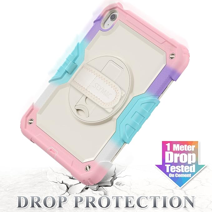 SEYMAC stock Case for iPad (A16) 11th/10th Generation 11''/10.9'' 2025/2022 Full-Body Drop Protection Case with Screen Protector &amp360° Rotate Hand Strap/Stand Yellowish+Pink
