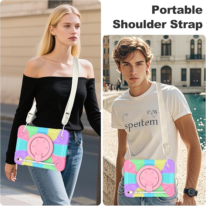 for iPad (A16) 11th Generation 11 Inch (2025) / iPad 10th Gen 10.9 Inch (2022) Cute Kids Case 360 Rotating Handle Stand Strap Case Heavy Duty Shockproof Soft Silicone Girly Cover Purple