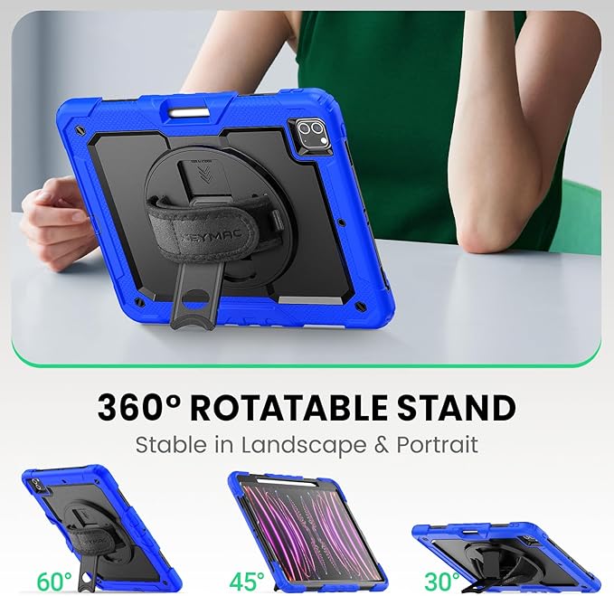 SEYMAC Case for iPad Pro 12.9 2022/2021/ 2020/2018 Heavy Duty Protection Shockproof Case with Screen Protector 360° Rotating Stand/Handle/Shoulder Strap Supports Pencil 2 Charging Blue
