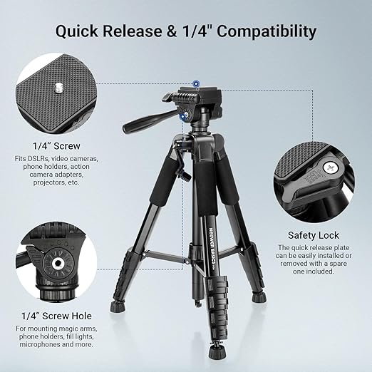 NEEWER Basics Camera Tripod 74 Tripod with Cell Phone Holder Mount Compatible with iPhone for Video Recording Professional Aluminum Lightweight Portable Travel Stand with 3 Way Pan Tilt Head TP56