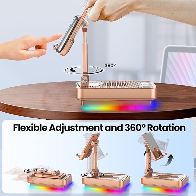 JTEMAN Gifts for Men Women Phone Stand Bluetooth Speaker with Light and Charging Function 360 Rotating Phone Holder Cool Tech Gifts for Dad Mom Husband Unique Birthday Gift Ideas - Rose Gold