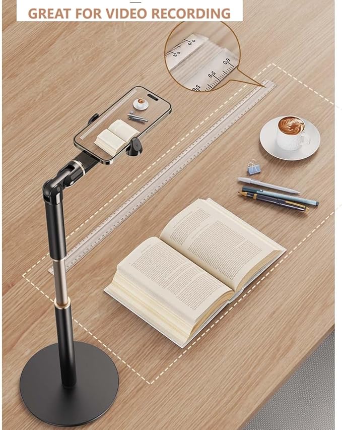 【25inch/63cm Aluminum Overhead Phone Mount360° Angle Adjustable Cellphone Stand Holder 4-6.9 Table Top YouTube Streaming Content Creator Video Recording. YE-S