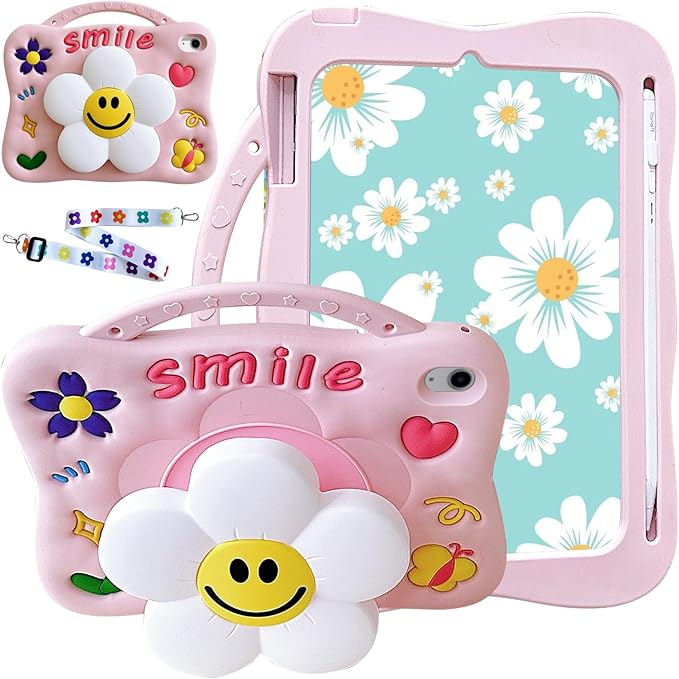 Case for iPad Air 11-inch M4 (2026) / M3 (2025) / M2 (2024) iPad Air 5th/4th 10.9 inch(2022/2020) Full-Body Shockproof Kids Case for Pencil Holder &amp Adjustable Shoulder Strap Smiley Flower